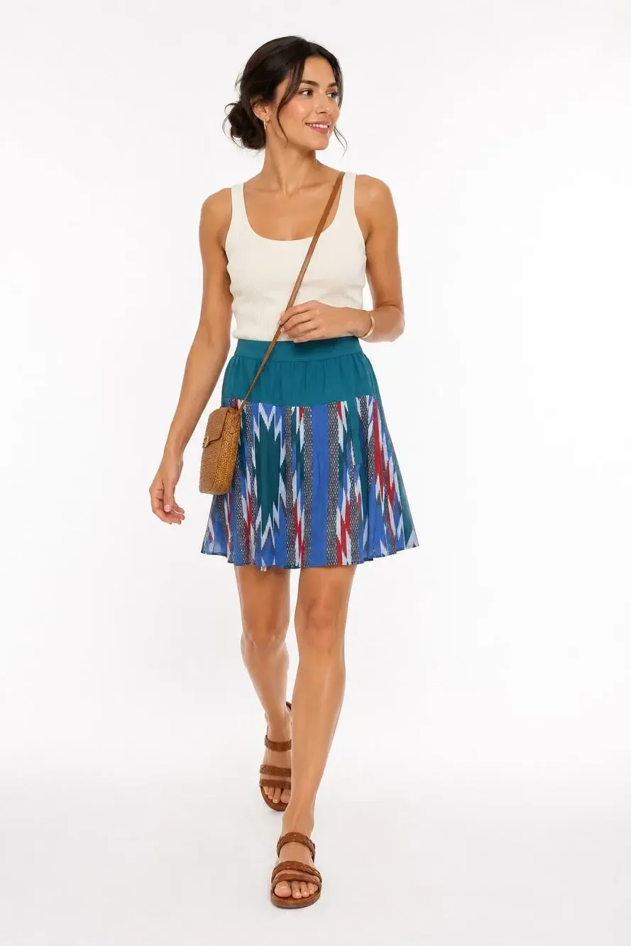 Ecote Urban Outfitters Ikat Print Mini Skirt Blue Elastic Waist Boho Size 8